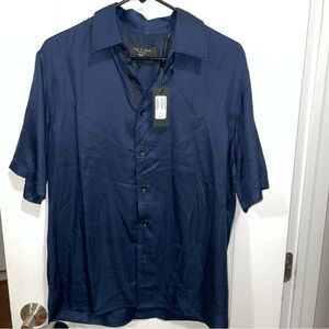 NWT Rag & Bone Dalton Viscose Twill Button Up Short Sleeve Shirt Navy Small $238
